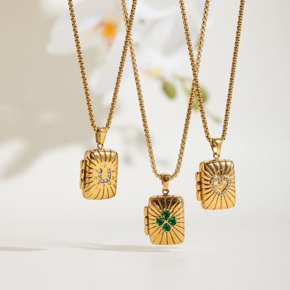 18K Gold Keepsake Heart Book Locket Pendant Box Chain Necklace