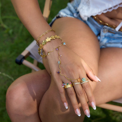 18K Gold Waterproof Pastel Gemstone Delicate Wavy Hand Chain Bracelet