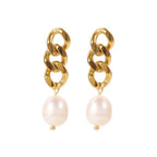 18K Gold Cuban Link Pearl Stud Dangle Earrings