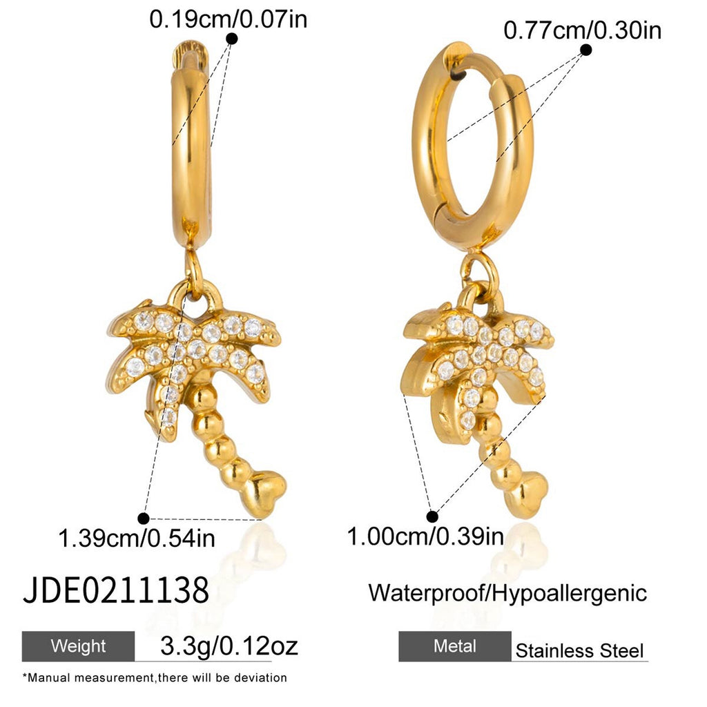 18K Gold Ocean Sparkle Seashell Palm Tree Small Hoop Huggie Earrings with Charm