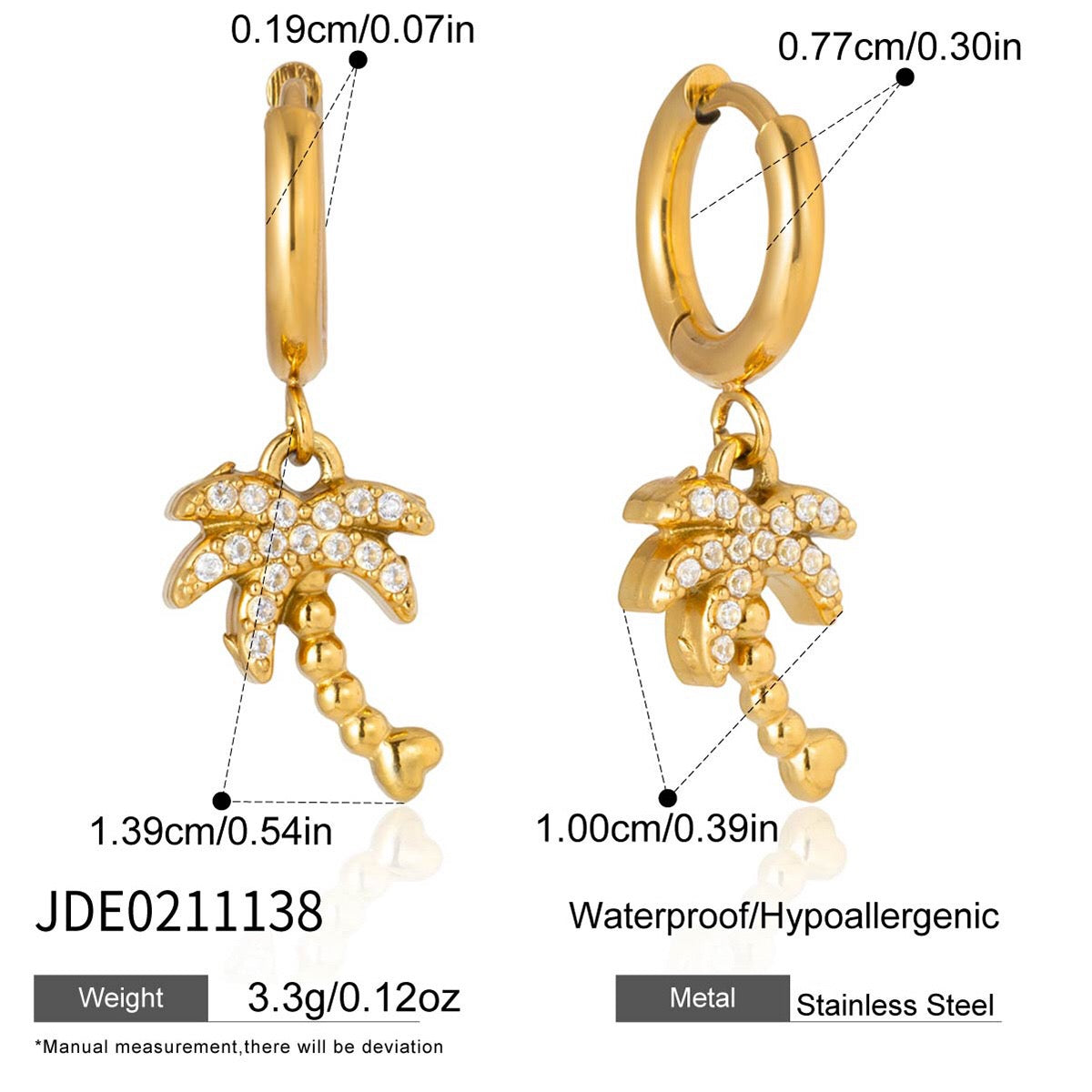 18K Gold Ocean Sparkle Seashell Palm Tree Small Hoop Huggie Earrings with Charm