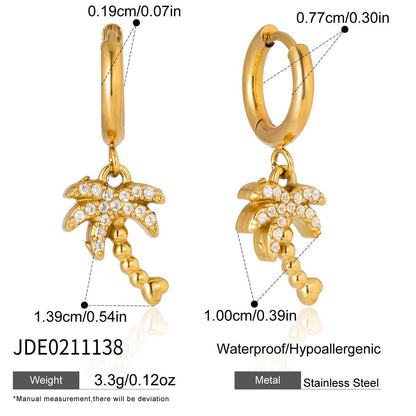 18K Gold Ocean Sparkle Seashell Palm Tree Dainty Pave Pendant Necklace Jewelry Set