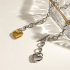 18K Gold and Silver Two Tone Love Locked Heart Cable Chain Toggle Necklace