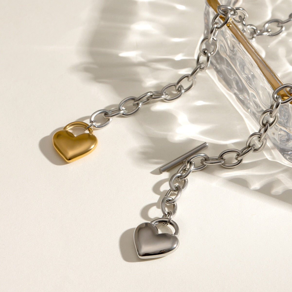 18K Gold and Silver Two Tone Love Locked Heart Cable Chain Toggle Necklace