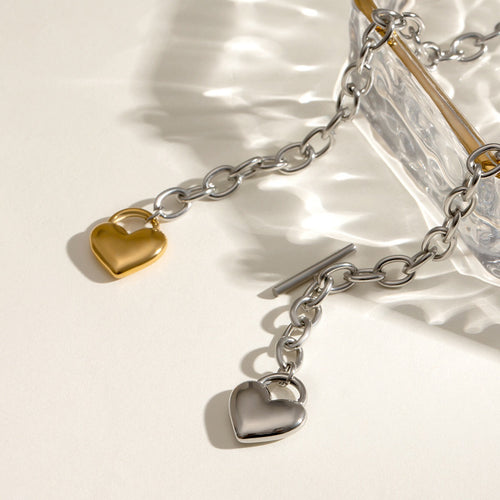18K Gold and Silver Two Tone Love Locked Heart Cable Chain Toggle Necklace