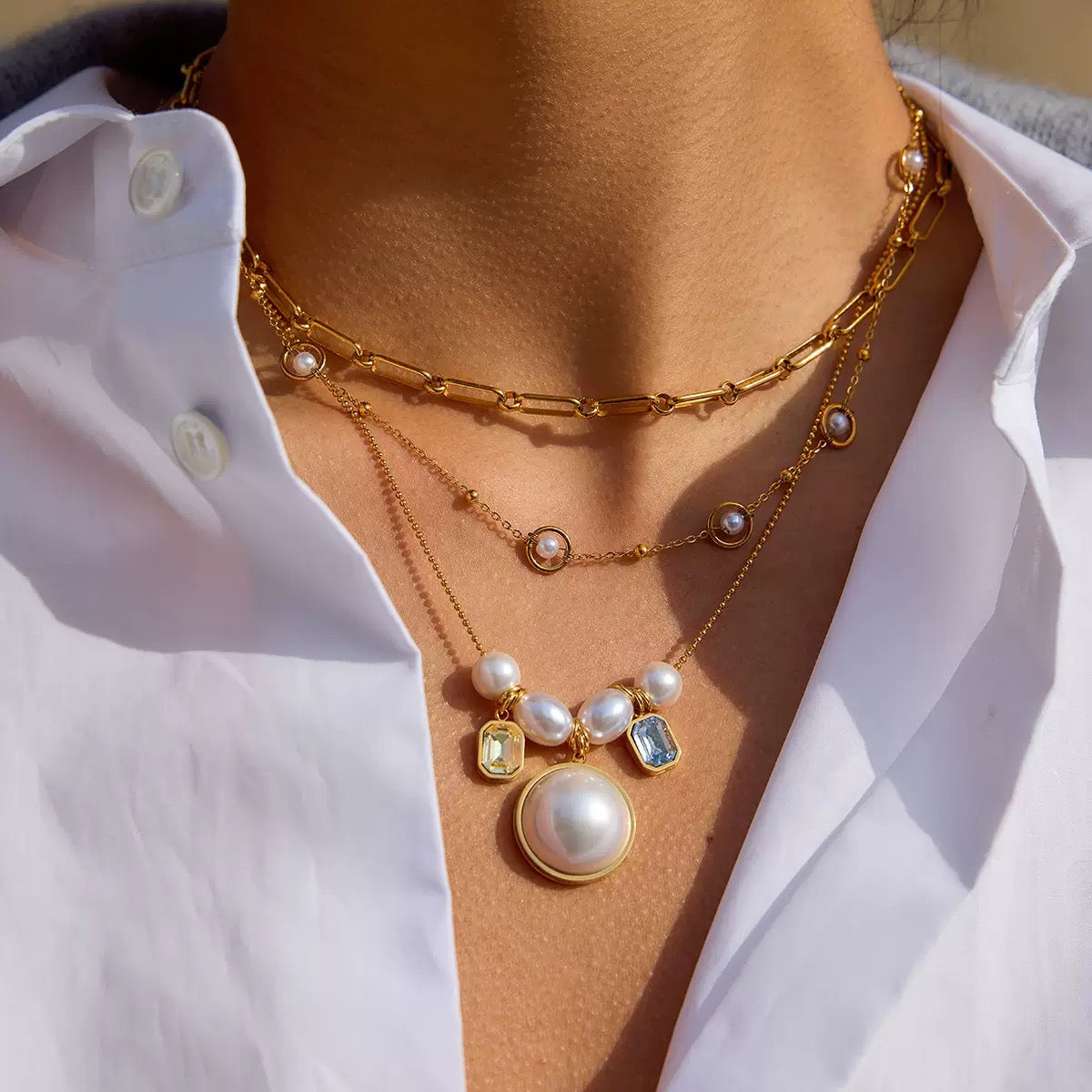 18K Gold Soft Harmony Pearl Charm Statement Necklace