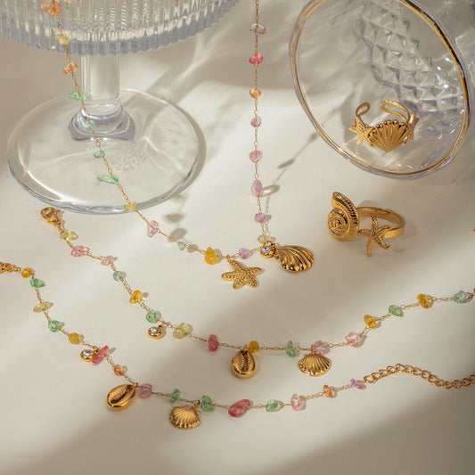18K Gold Pastel Color Shell Starfish Beaded Charm Necklace