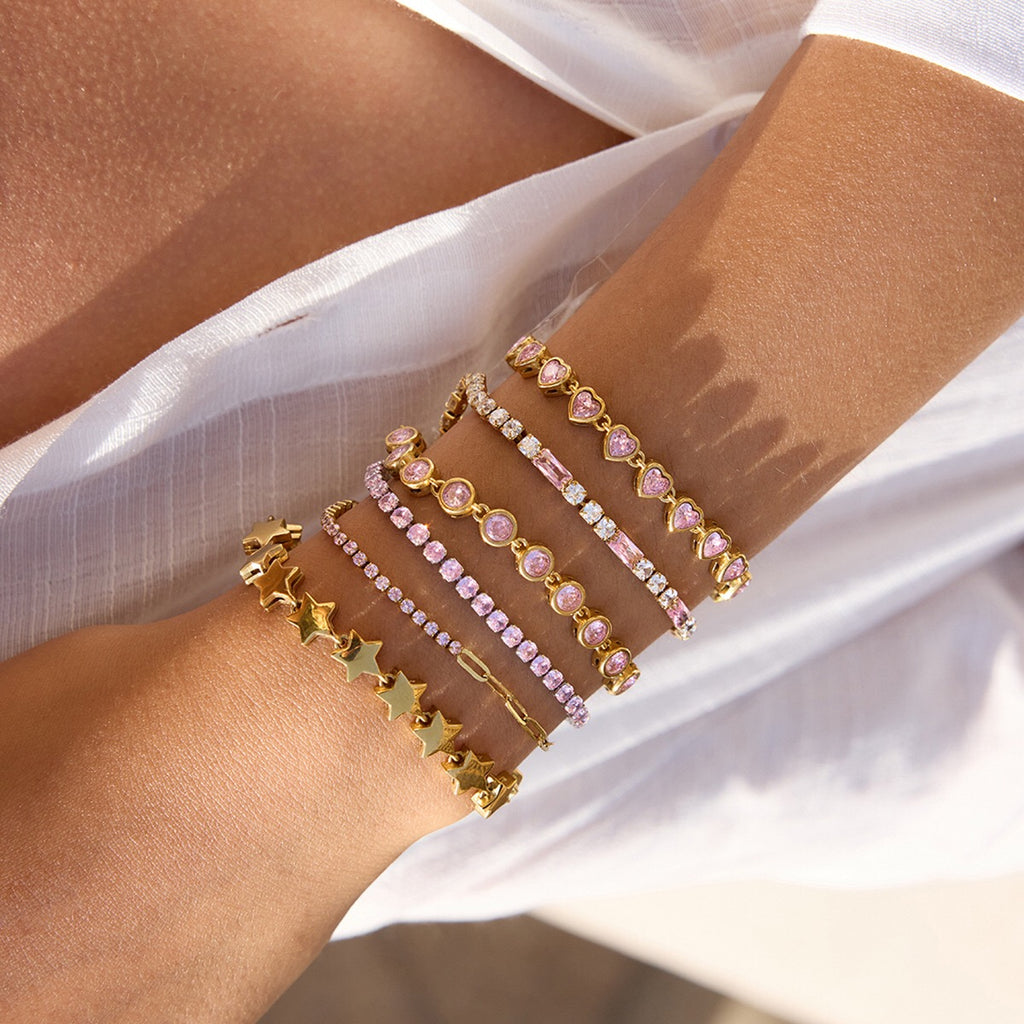 18K Gold Pink Dream Star Tennis Chain Bracelet Stack