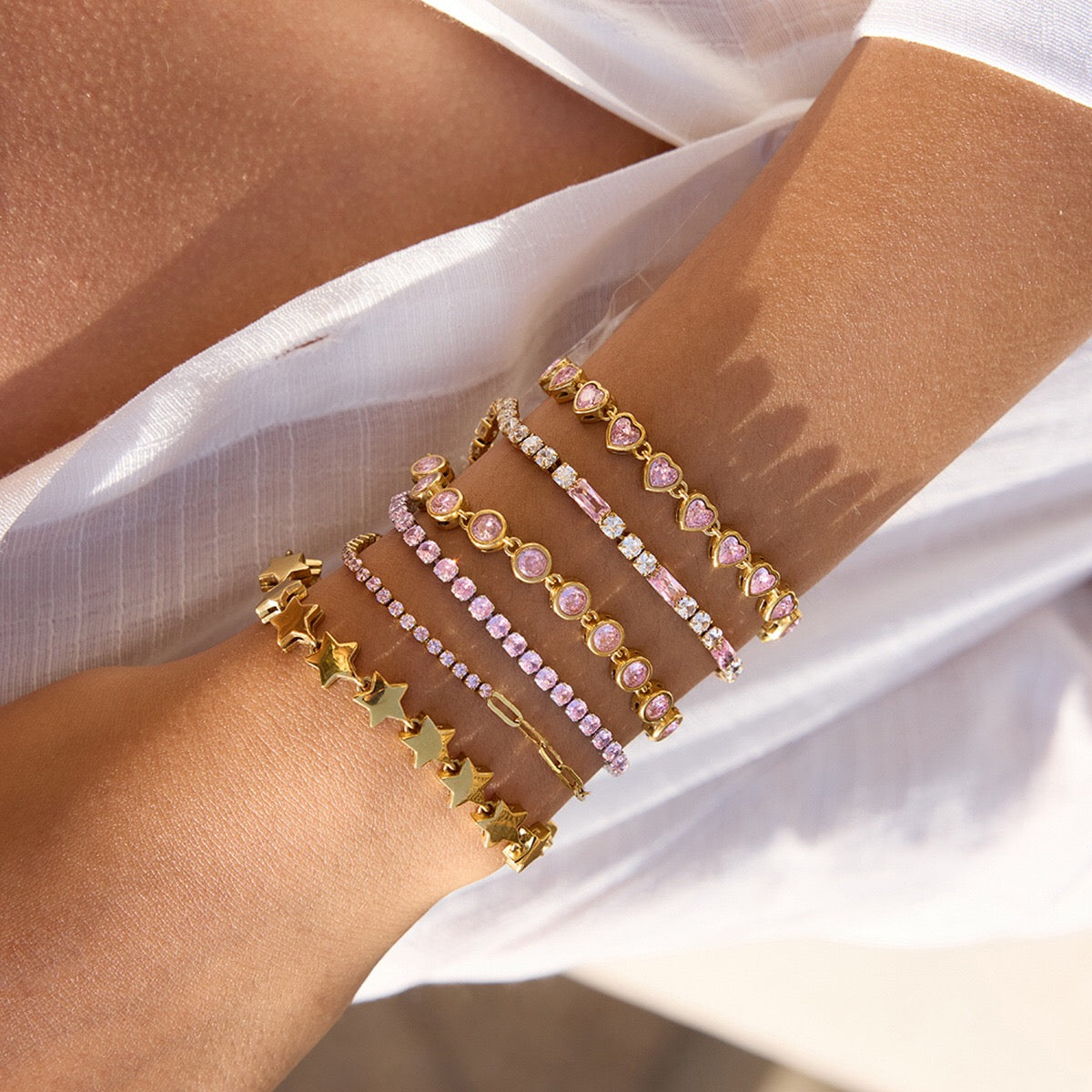 18K Gold Pink Dream Star Tennis Chain Bracelet Stack