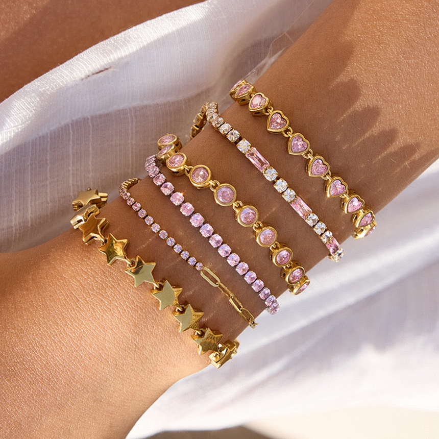 18K Gold Pink Dream Star Tennis Chain Bracelet Stack