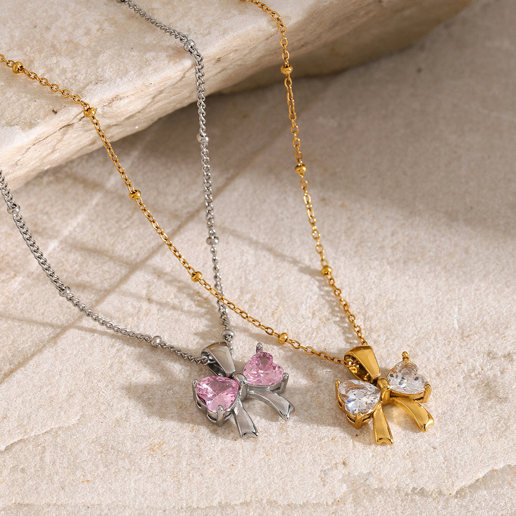 18K Gold Bling Coquette Bow Pendant CZ Necklace
