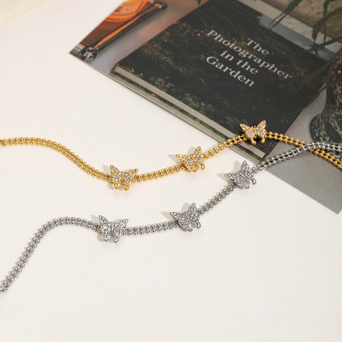 18K Gold Flutter Pave Butterfly Chain Bracelet