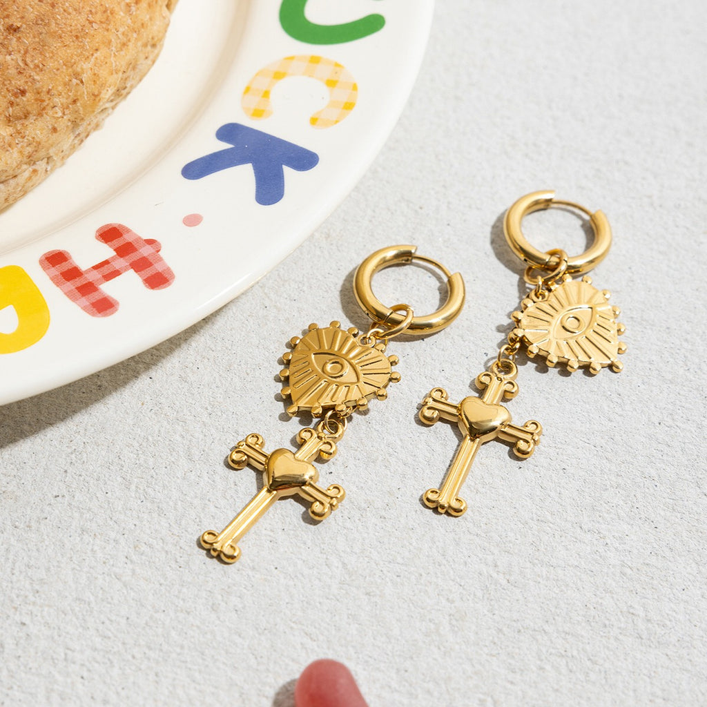 18K Gold Tempt Heart Cross Dangle Huggie Earrings with Charm