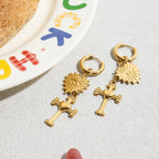 18K Gold Tempt Heart Cross Dangle Huggie Earrings with Charm