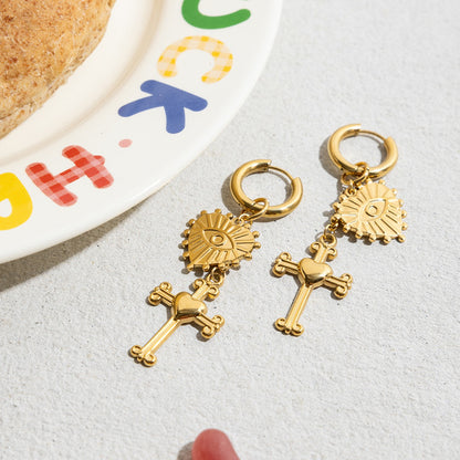 18K Gold Tempt Heart Cross Dangle Huggie Earrings with Charm