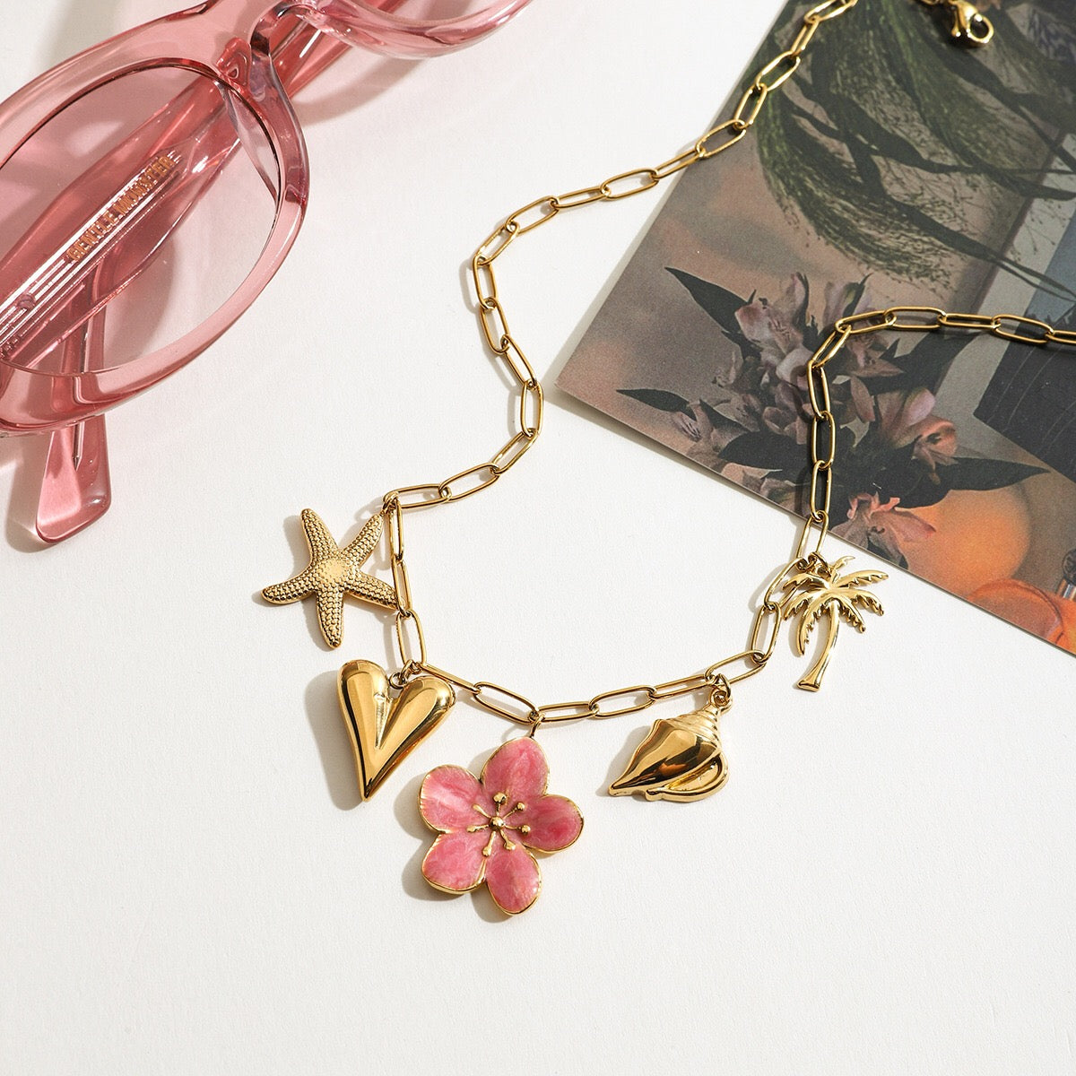 18K Gold Island Sunset Pink Flower Heart Palm Tree Summer Charm Necklace