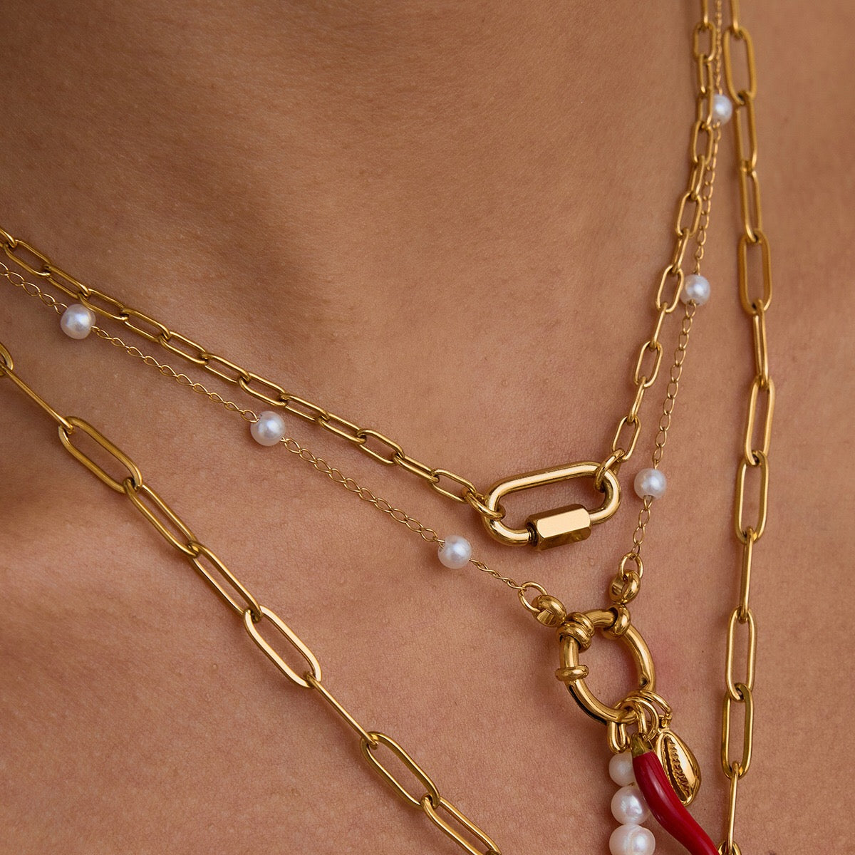 18K Gold Carabiner Paperclip Cuban Link Cable Chain Charm Necklace