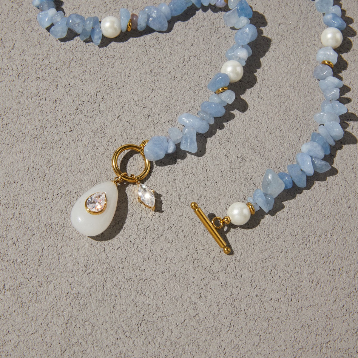 18K Gold Island Charm Natural Stone Beaded Necklace