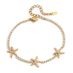 18K Gold Starfall by the Sea Pave Starfish Dainty Tennis Chain Bracelet