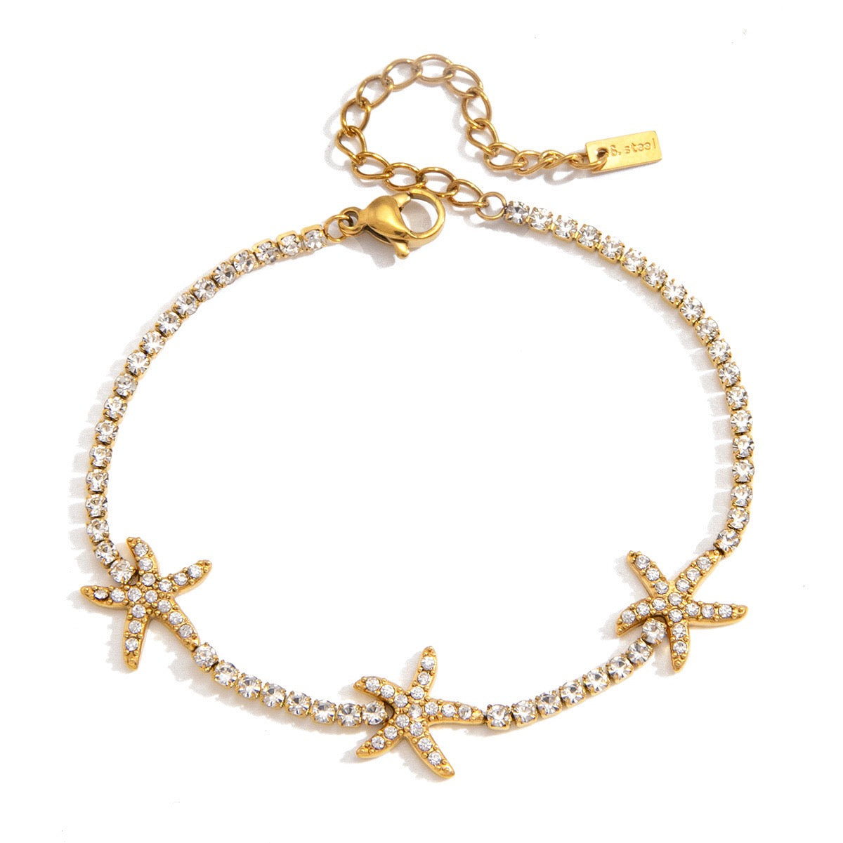 18K Gold Starfall by the Sea Pave Starfish Dainty Tennis Chain Bracelet