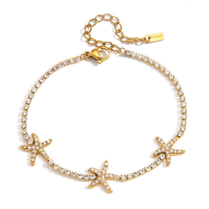 18K Gold Starfall by the Sea Pave Starfish Dainty Tennis Chain Bracelet