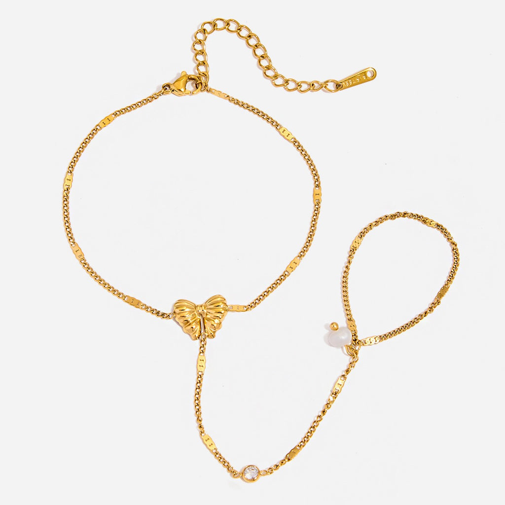 18K Gold Waterproof Dainty Coquette Bow Hand Chain Bracelet