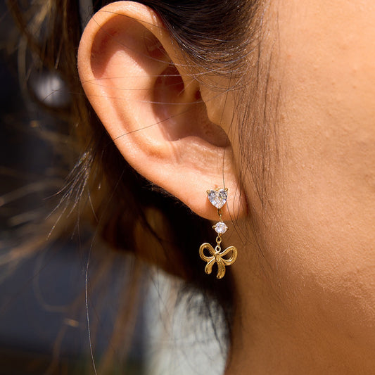 18K Gold Little Bow Charm Dangle Stud Earrings