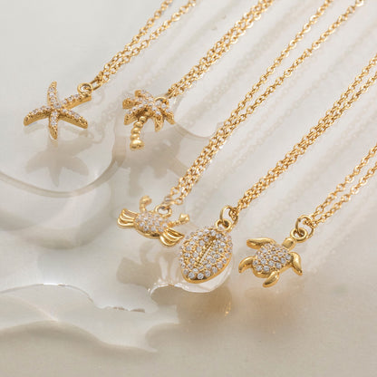 18K Gold Ocean Sparkle Seashell Palm Tree Dainty Pave Pendant Necklace Jewelry Set