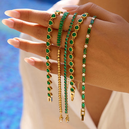 18K Gold Green Royale Emerald Tennis Chain Bracelet Stack