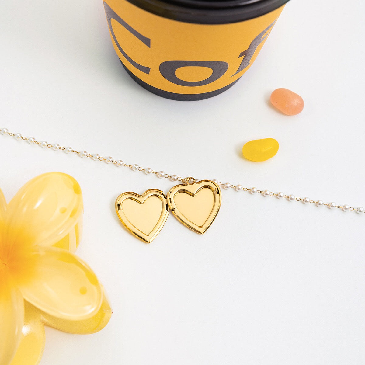 18K Gold Flower Heart Locket Pendant Pearl Chain Necklace