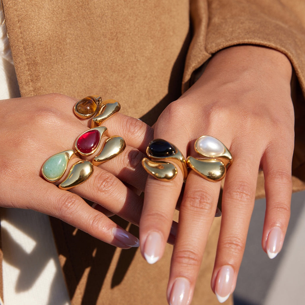 18K Gold Modern Royalty Gemstone Pearl Statement Ring