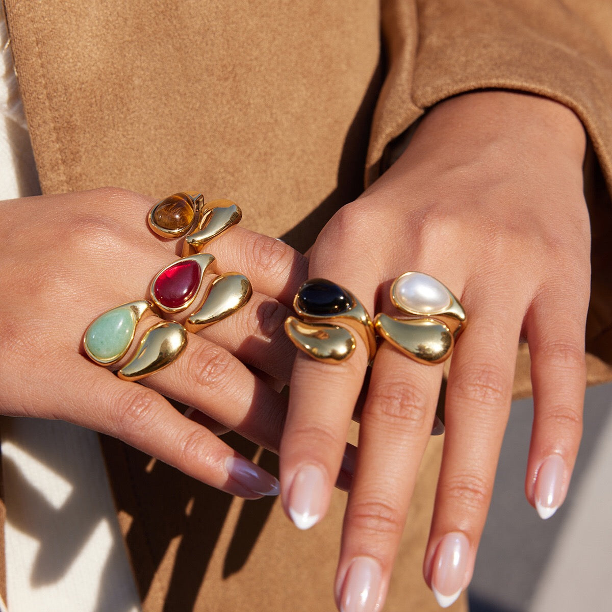 18K Gold Modern Royalty Gemstone Pearl Statement Ring