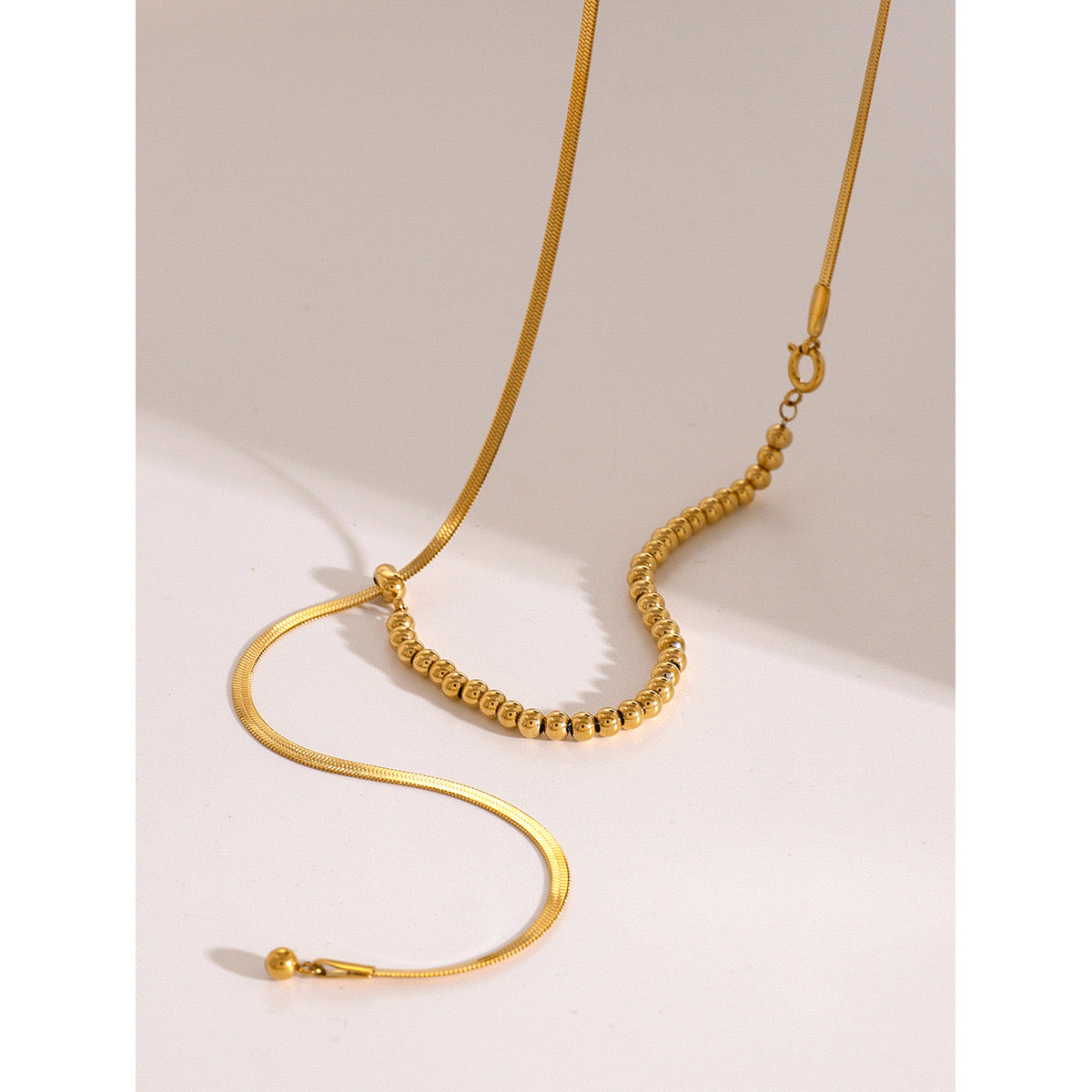 18K Gold Herringbone Chain Beaded Lariat Necklace