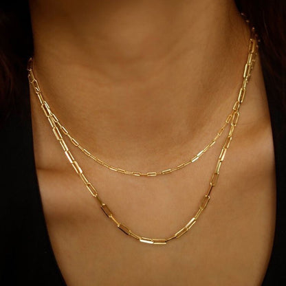 18K Gold Modern Edge Paper Clip Double Chain Layered Necklace Set