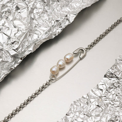 18K Gold and Silver Starry Bow Pendant Pearl Safety Pin Chain Layered Necklace Set