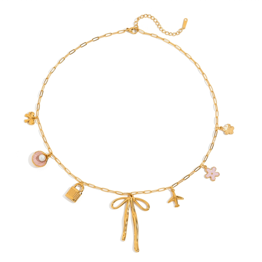 18K Gold Lavender Summer Sun Bow Pendant Layered Necklace Set