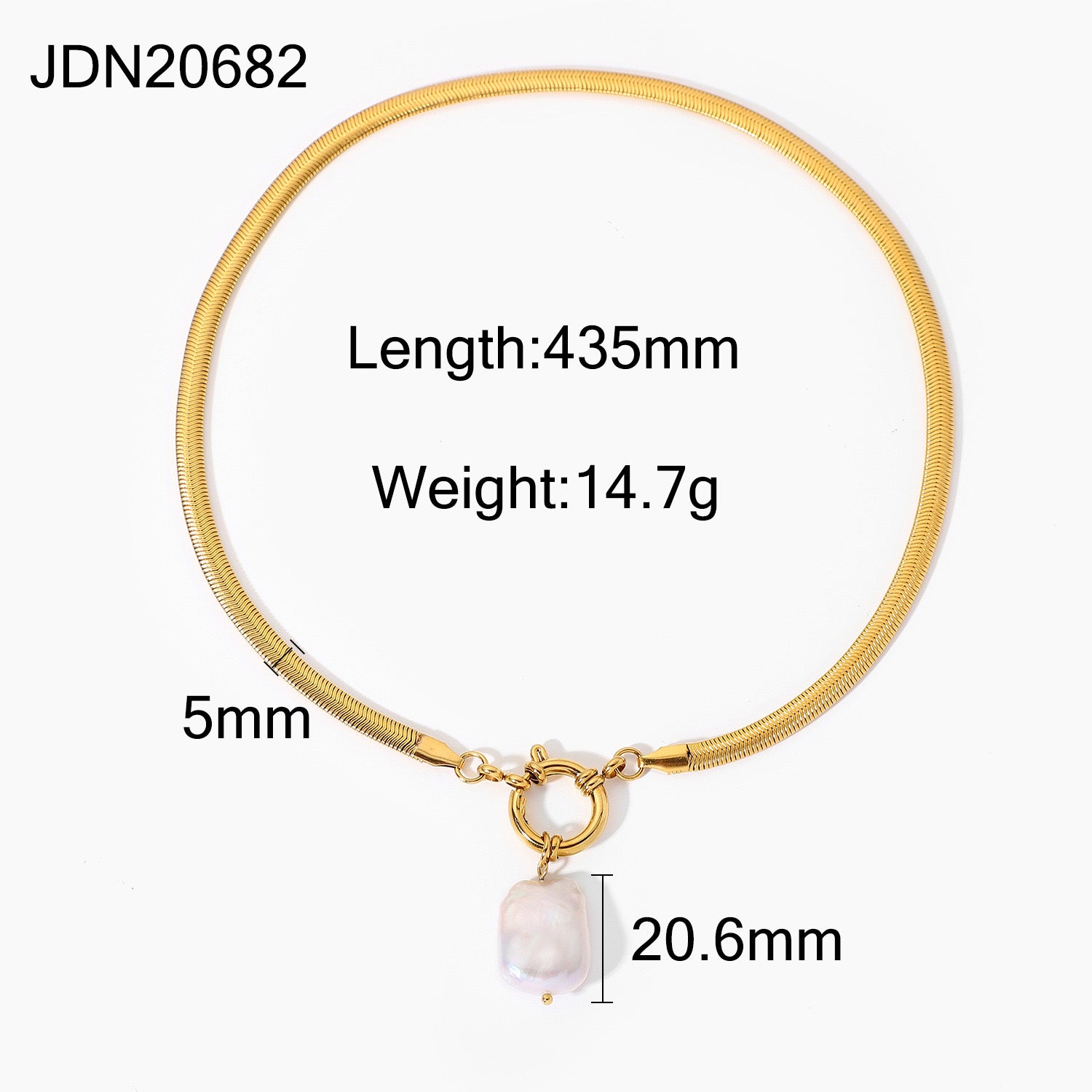 18K Gold Herringbone Snake Chain Pearl Pendant Charm Necklace
