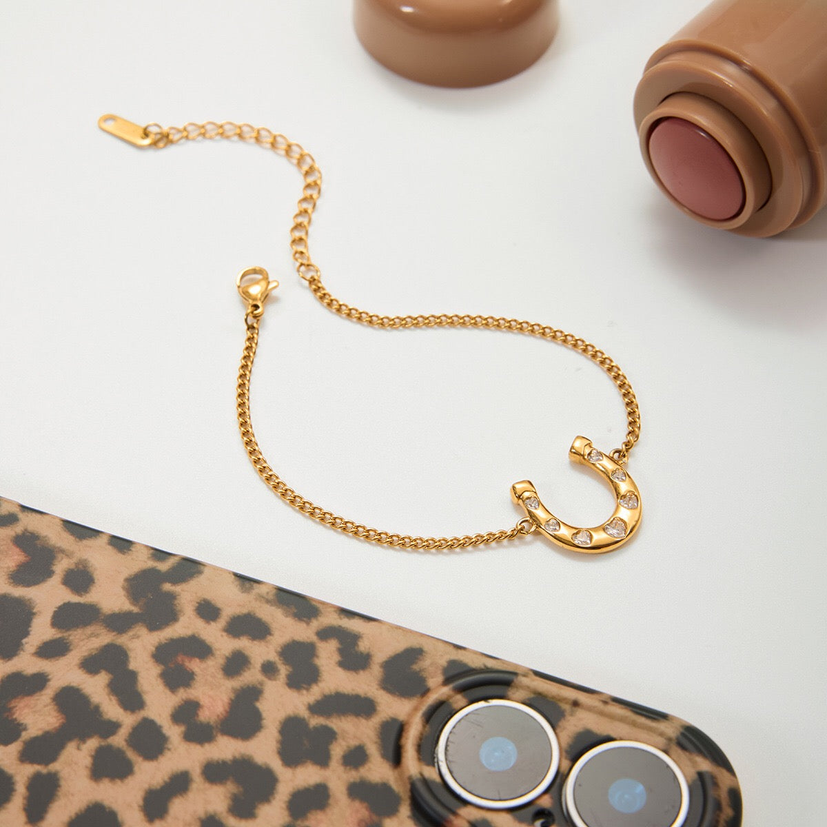 18K Gold Intimate Heart Tennis Horseshoe Chain Bracelet Stack