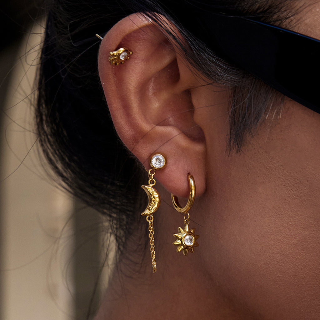 18K Gold Stars and Moon Celestial Huggie Chain Earrings Cartilage Stud Set