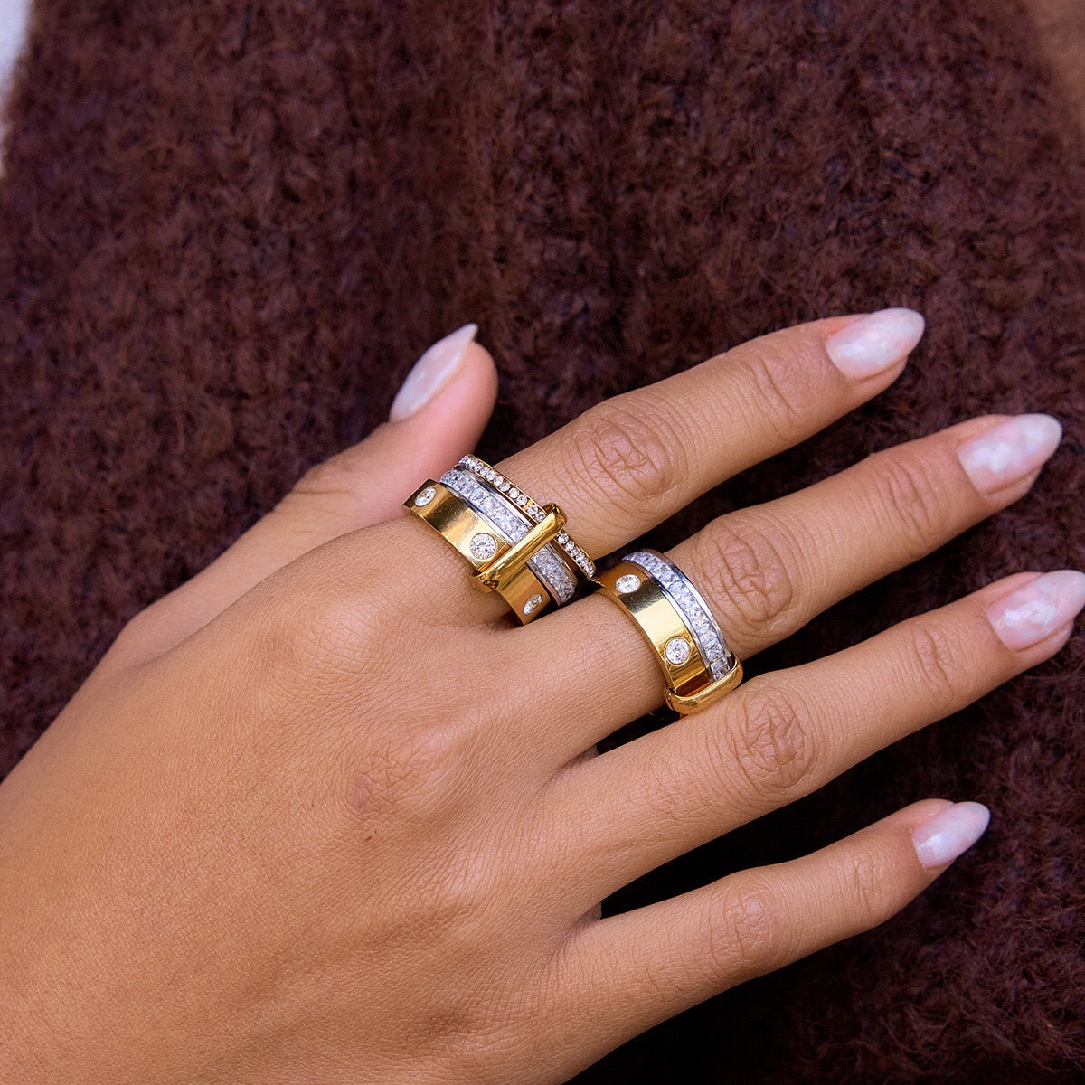 18K Gold and Silver Two Tone Noble Multiple Linked Eternity Spinelli Ring Stack