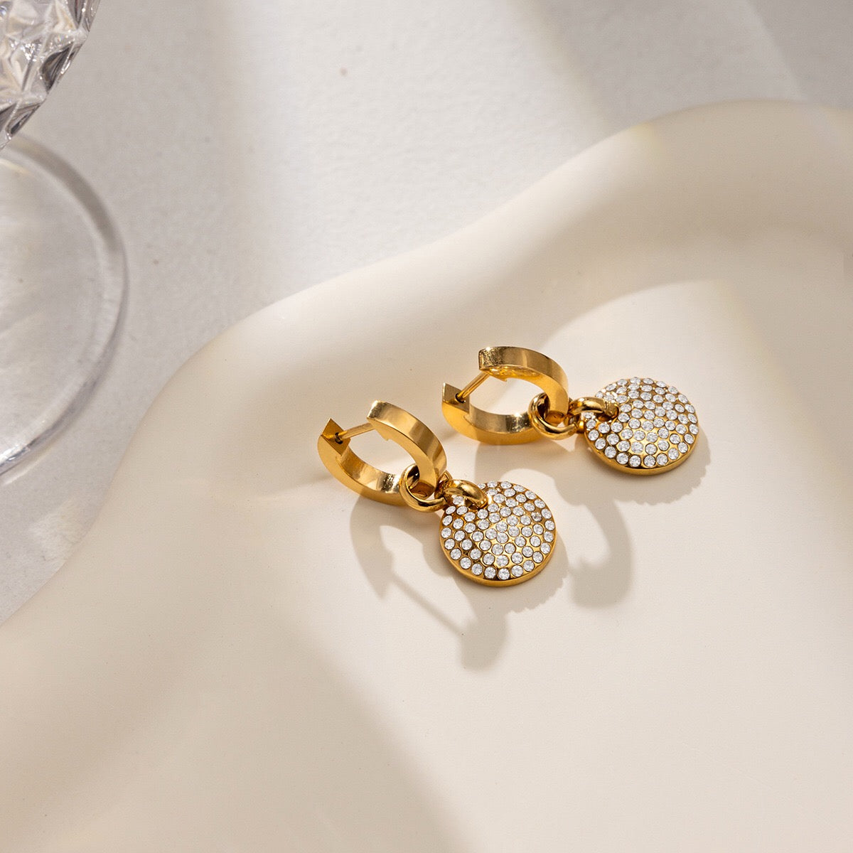 18K Gold Swinging sparkle Pave Disc Small Hoop Dangle Huggie Earrings