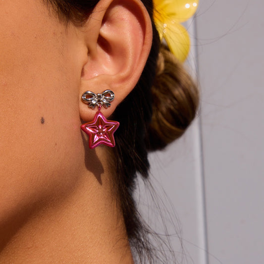 Y2K Silver Bow and Pink Star Stud Dangle Earrings