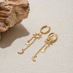 18K Gold Celestial Sun Moon and Star Drop Dangle Huggie Earrings