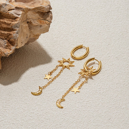 18K Gold Celestial Sun Moon and Star Drop Dangle Huggie Earrings