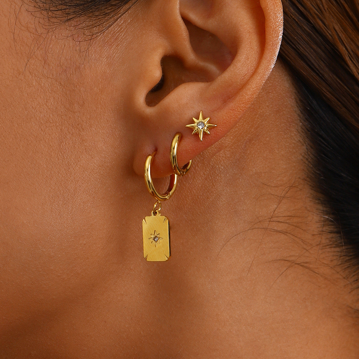 18K Gold Celestial Studs Charm Huggie Earrings Set