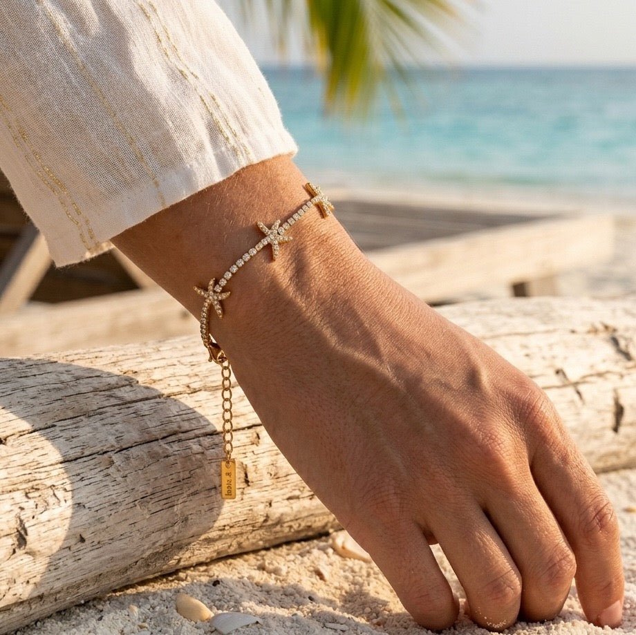 18K Gold Starfall by the Sea Pave Starfish Dainty Tennis Chain Bracelet