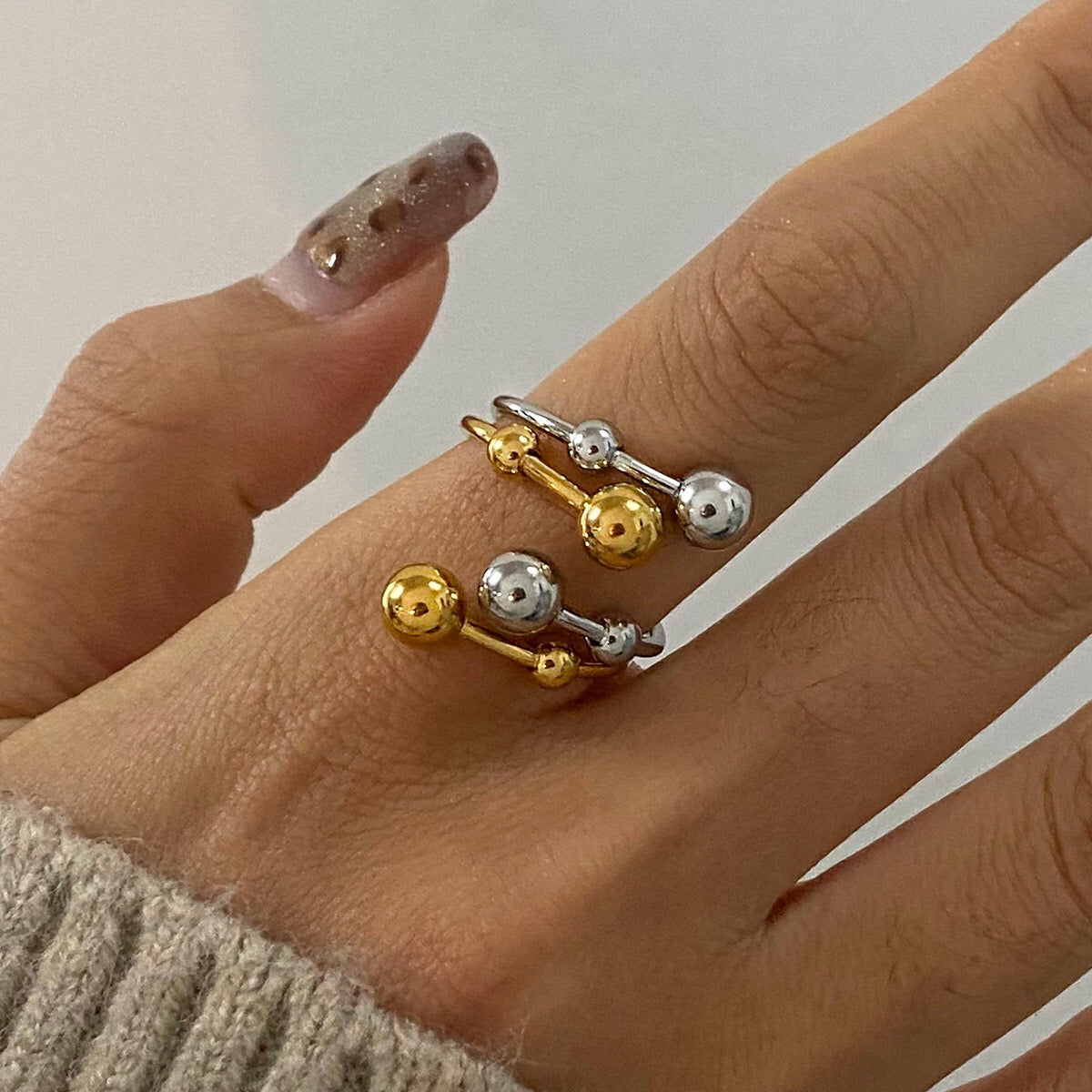 18K Gold and Silver Two Tone Orbit Beads Cuff Ring