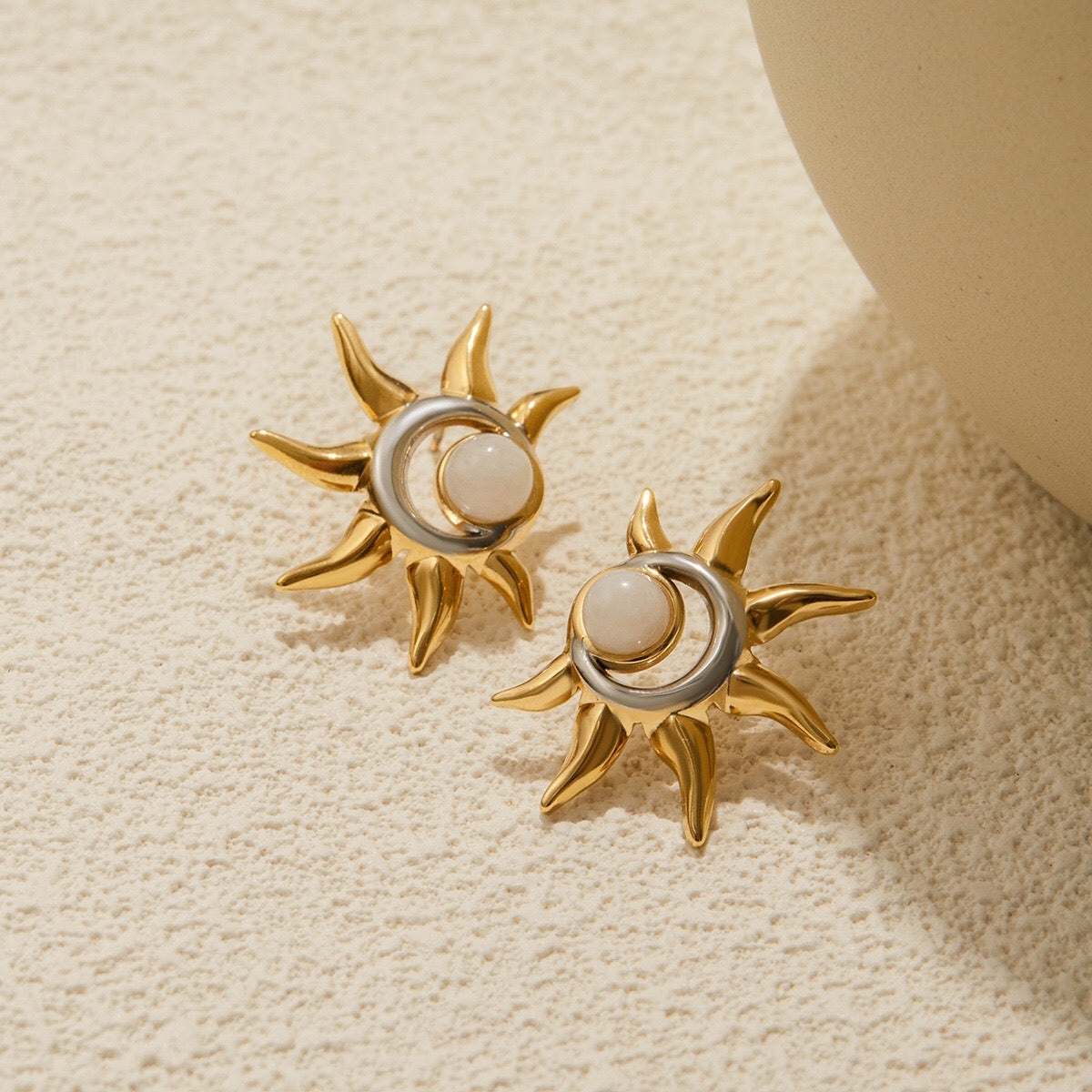 18K Gold and Silver Two Tone Eclipse Opal Sun and Moon Stud Earrings