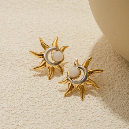 18K Gold and Silver Two Tone Eclipse Opal Sun and Moon Stud Earrings