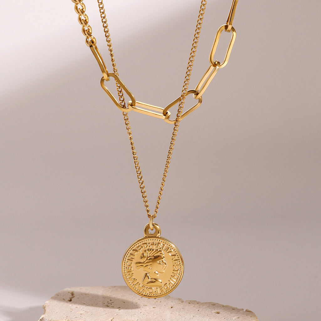 18K Gold Coin Pendant Paperclip Chain Layered Necklace Set